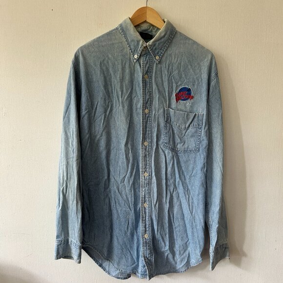 Planet Hollywood Long Sleeve Button Down Shirt Mens Large Denim Shirt Embroidery - Picture 1 of 5